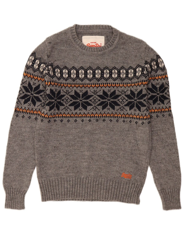 Suéter masculino Superdry com gola redonda, pequeno, cinza, Fair Isle, acrílico