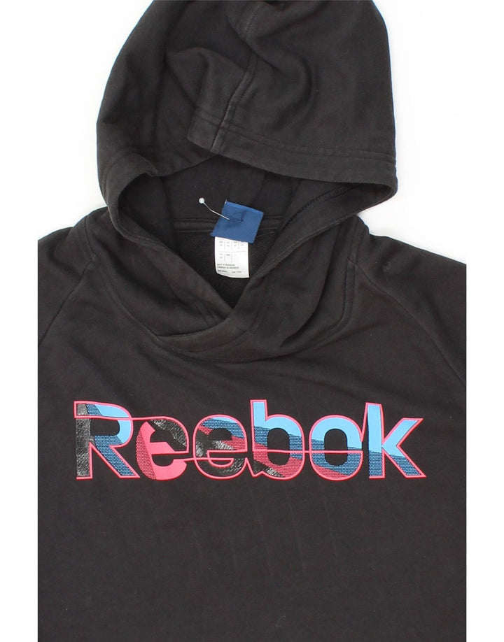REEBOK Womens Graphic Hoodie Jumper UK 12 Medium Black Cotton Vintage Reebok and Second-Hand Reebok from Messina Hembry 