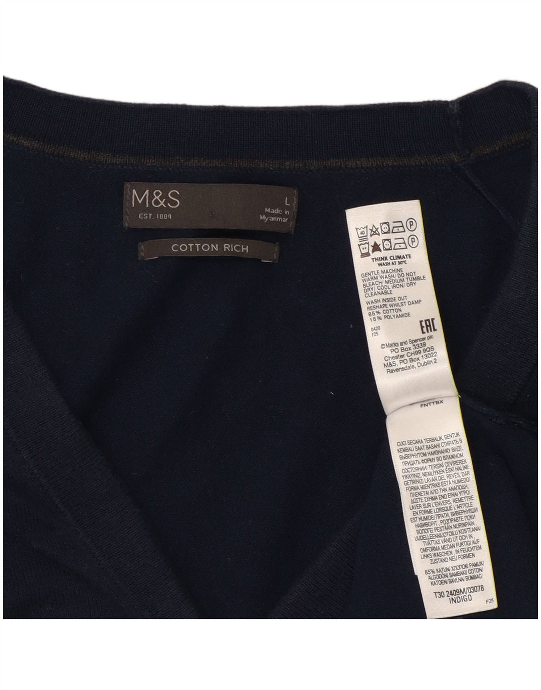 Suéter cardigã masculino Marks & Spencer grande algodão azul marinho