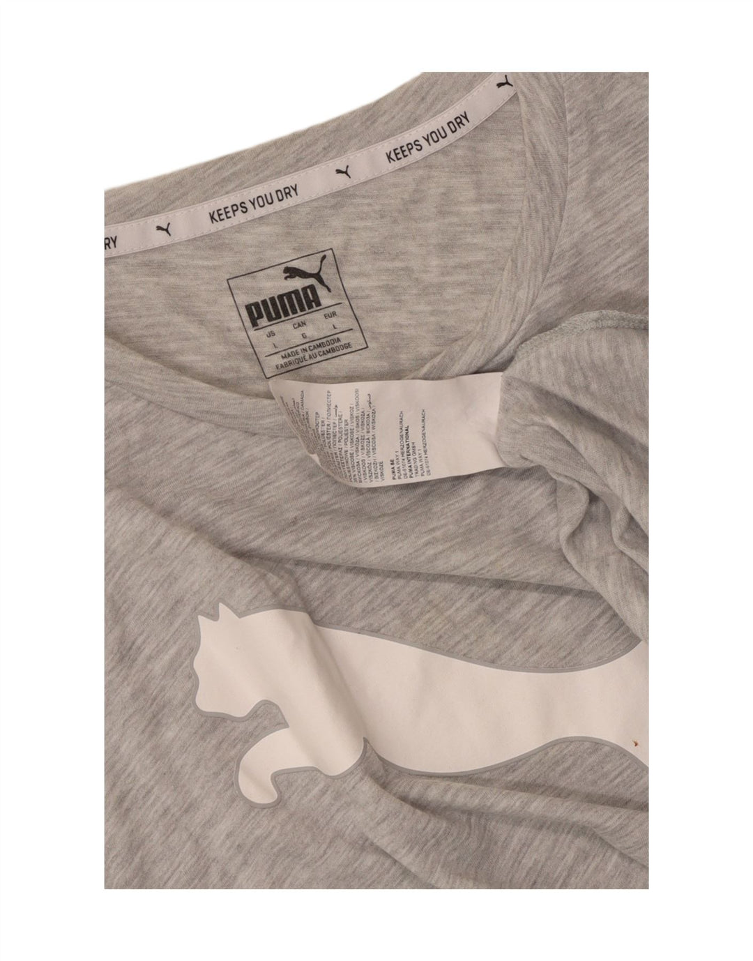 Camiseta feminina Puma com estampa gráfica UK 14 grande poliéster manchado cinza