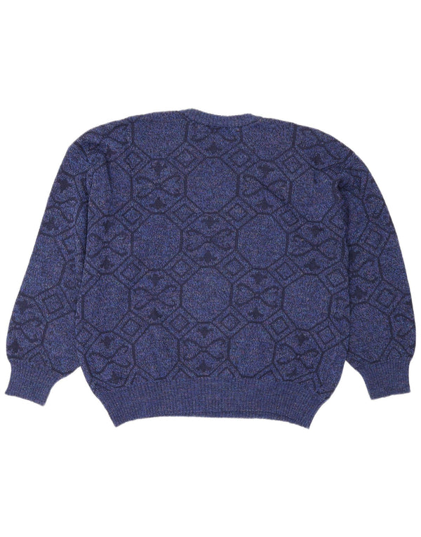 Suéter vintage masculino com gola redonda XL azul geométrico