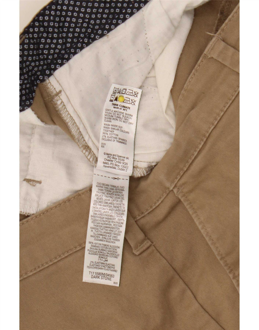 Shorts chino masculino Marks & Spencer W34 grande algodão bege