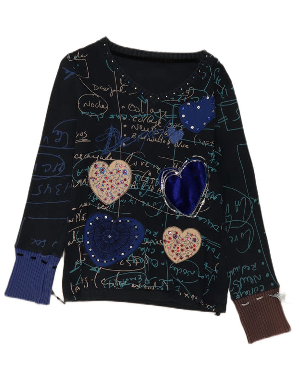 Top gráfico feminino Desigual manga comprida UK 14 médio azul marinho coração