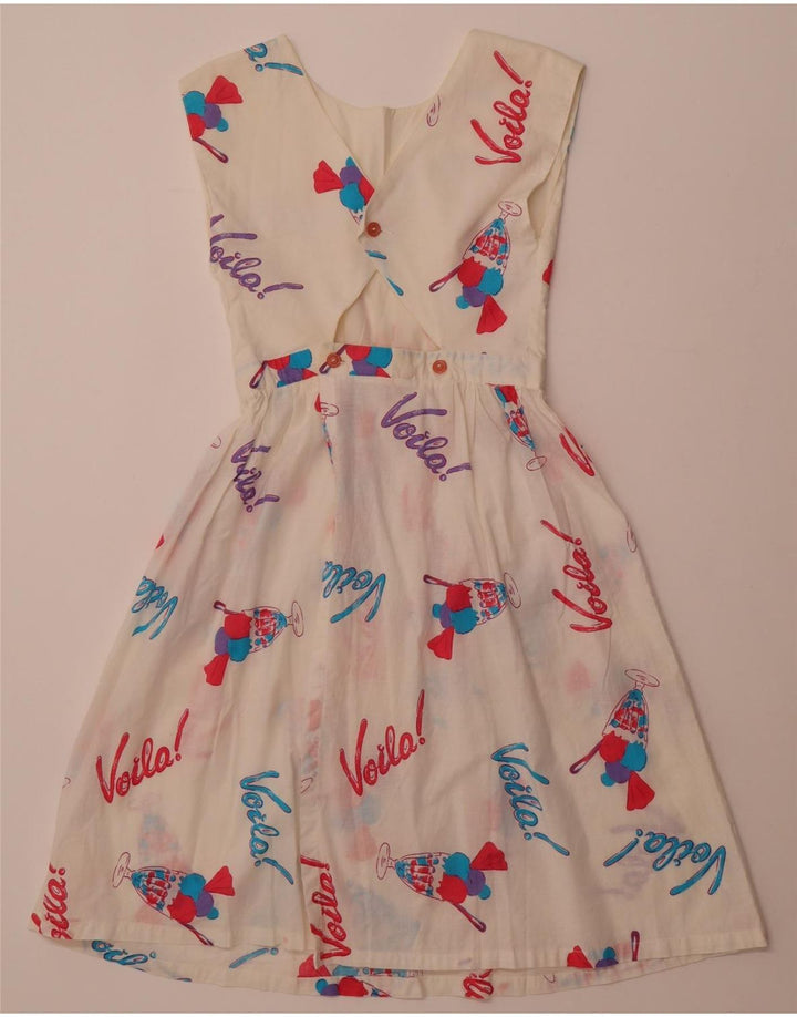 Vestido feminino VINTAGE com estampa abstrata sem mangas evasê Reino Unido 8 pequeno branco