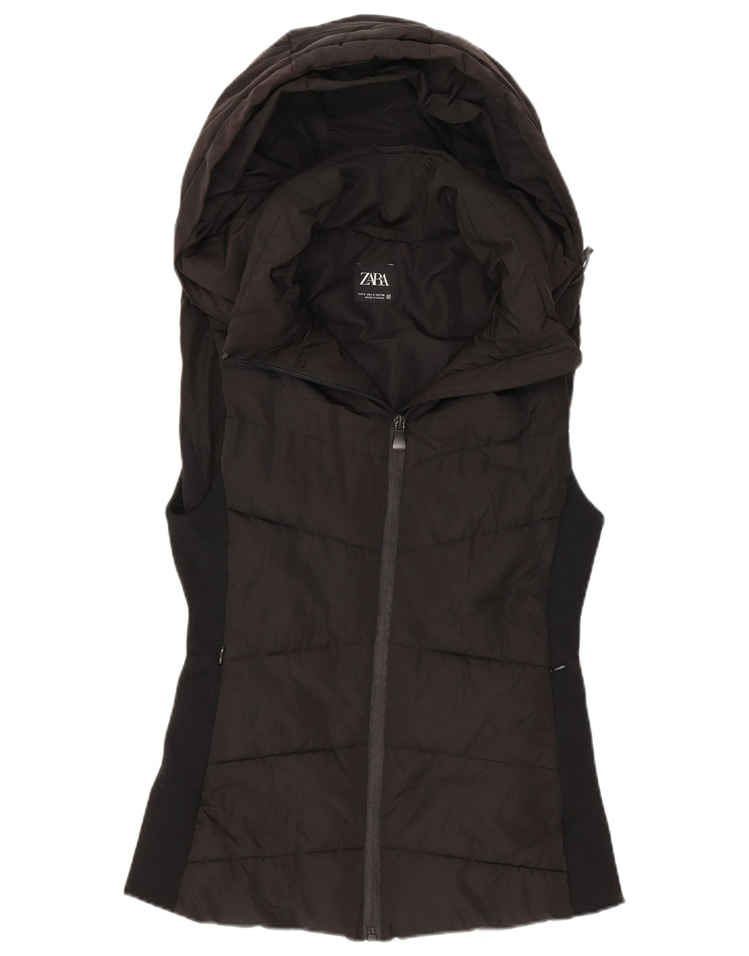 Colete acolchoado com capuz feminino Zara UK 10 pequeno poliéster preto