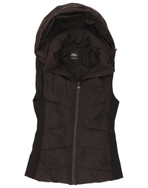 Colete acolchoado com capuz feminino Zara UK 10 pequeno poliéster preto
