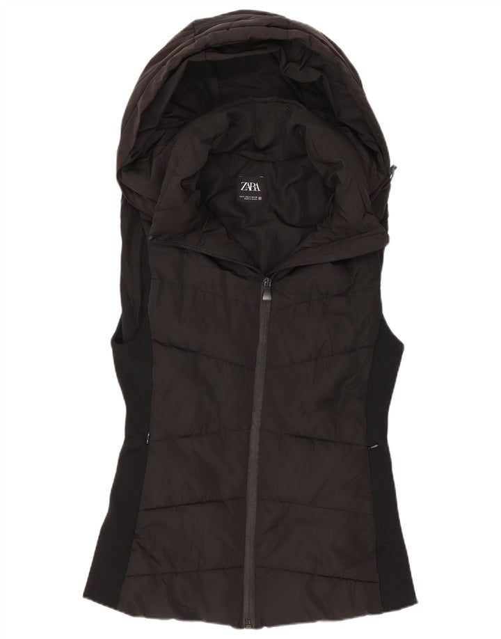 Colete acolchoado com capuz feminino Zara UK 10 pequeno poliéster preto