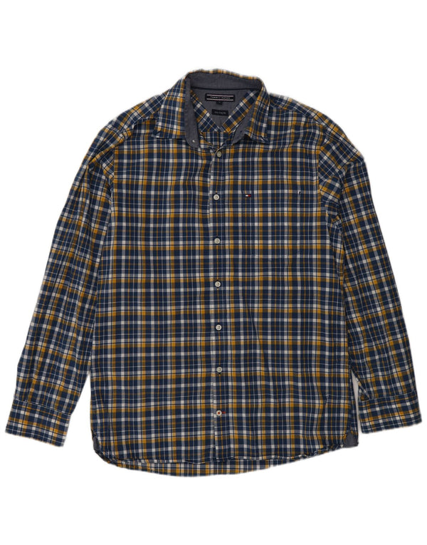 Tommy Hilfiger Camisa masculina New York Fit de algodão xadrez azul médio