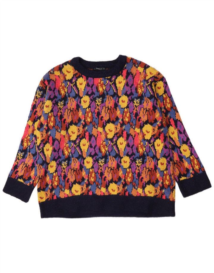 Suéter feminino Zara com gola canoa UK 14 médio floral multicolorido