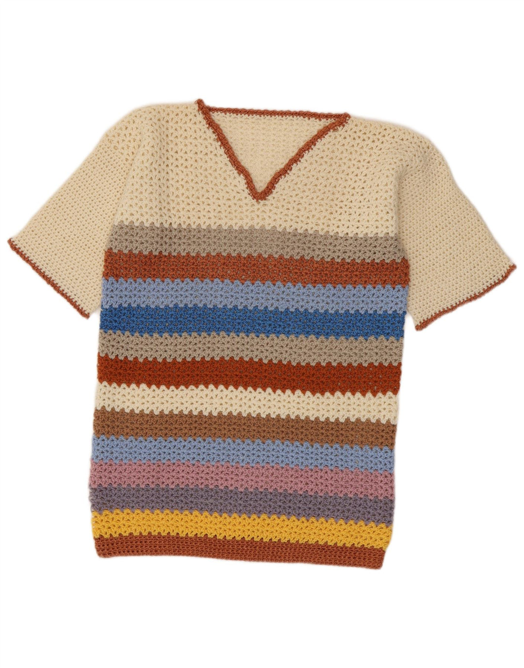 Suéter feminino vintage com decote em V UK 14 médio listrado multicolorido
