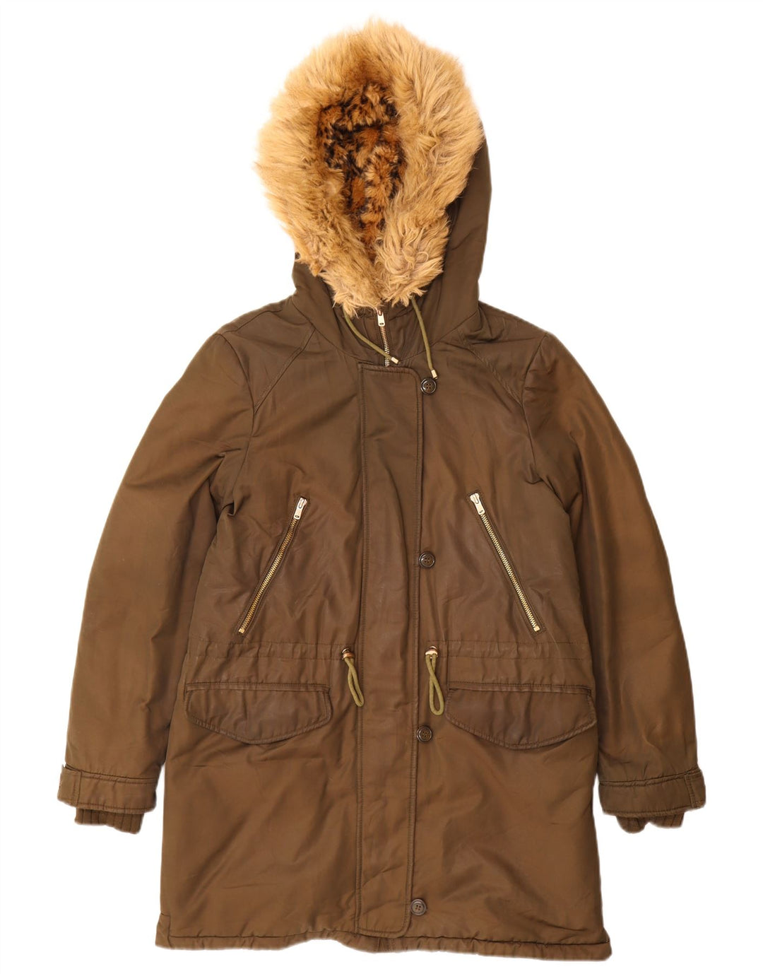 Zara Womens Trafaluc Hooded Parka Jacket UK 14 Medium Khaki Poliéster