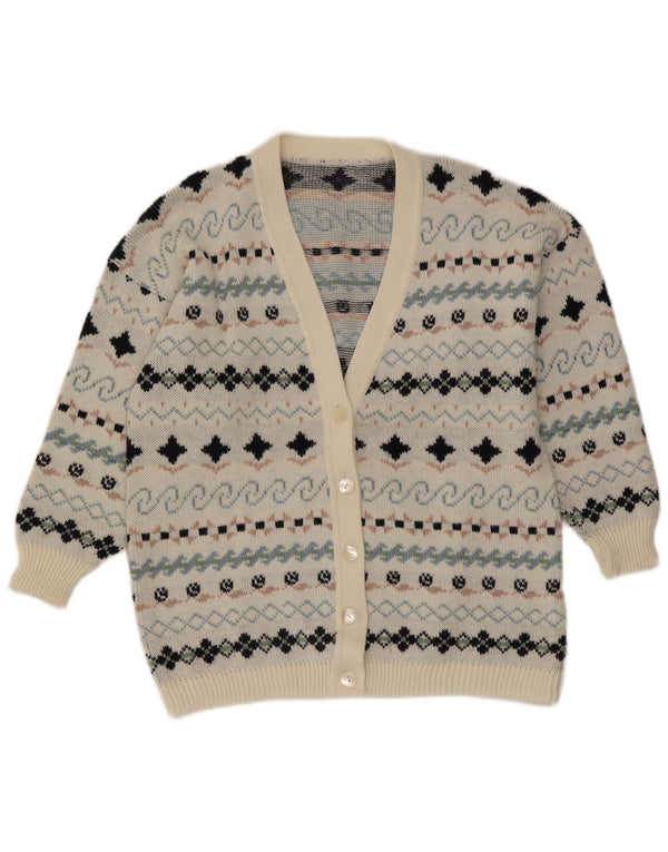 Suéter cardigã feminino vintage Reino Unido 16 grande branco Fair Isle