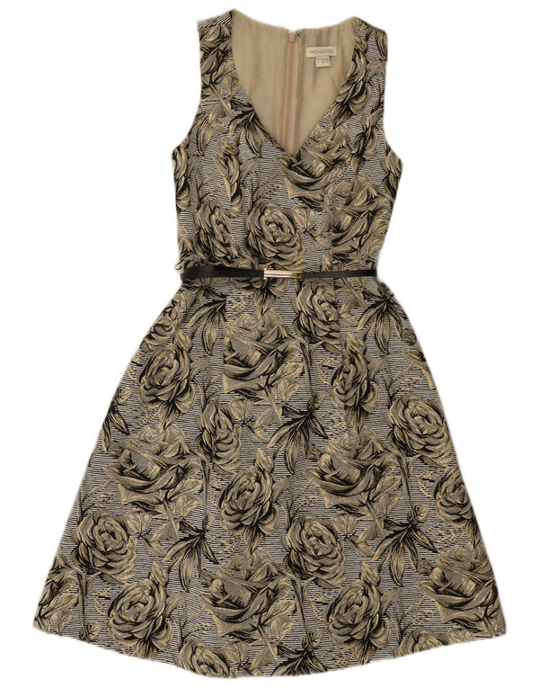 Vestido feminino Monsoon sem mangas evasê UK 8 pequeno algodão floral cinza