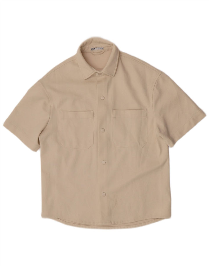 Zara Camisa masculina de manga curta pequena poliéster bege