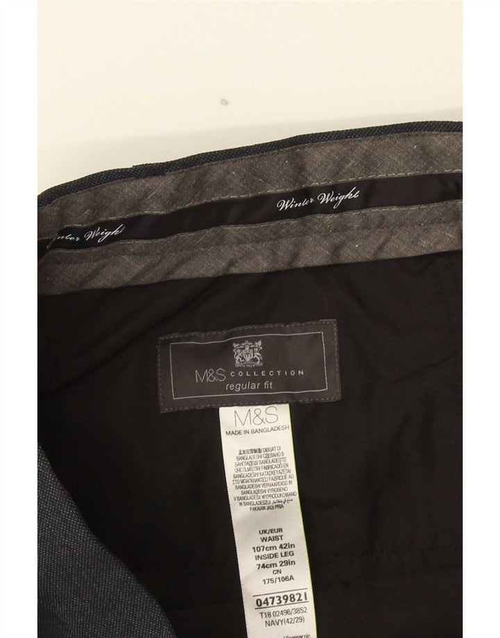 Calça masculina de terno reto Marks & Spencer W42 L29 poliéster azul marinho