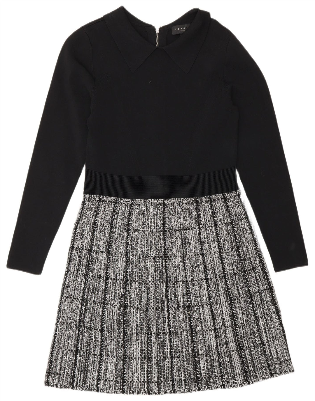 Vestido feminino Ted Baker de manga comprida básico tamanho 2 pequeno preto xadrez viscose
