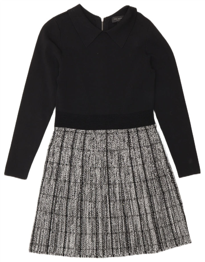 Vestido feminino Ted Baker de manga comprida básico tamanho 2 pequeno preto xadrez viscose