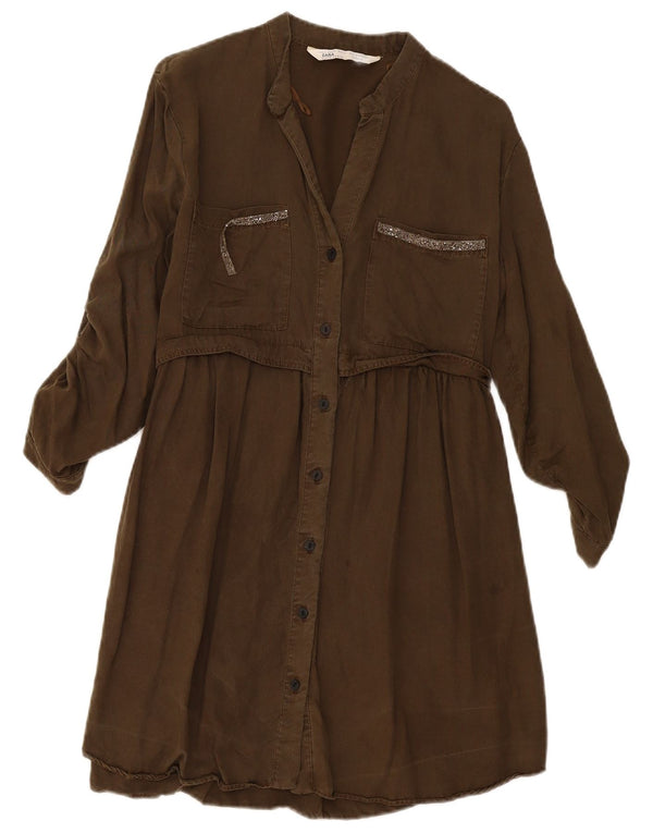 Vestido camisa feminino Zara manga 3/4 Reino Unido 10 pequeno cáqui Lyocell