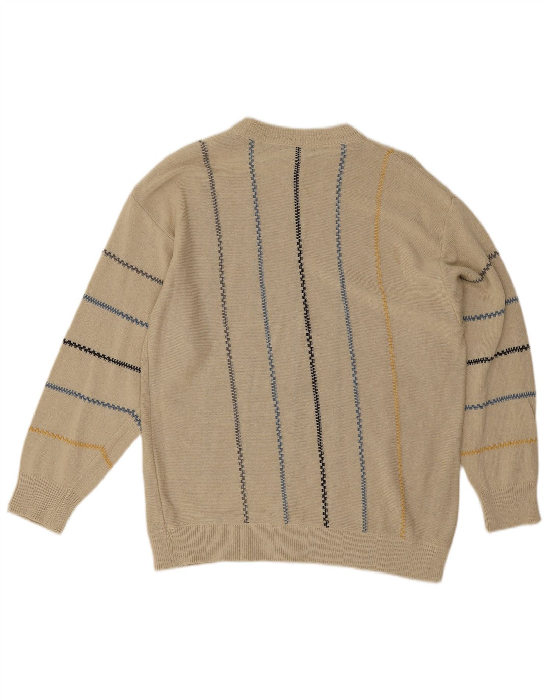 Suéter vintage masculino com gola redonda, grande listrado bege