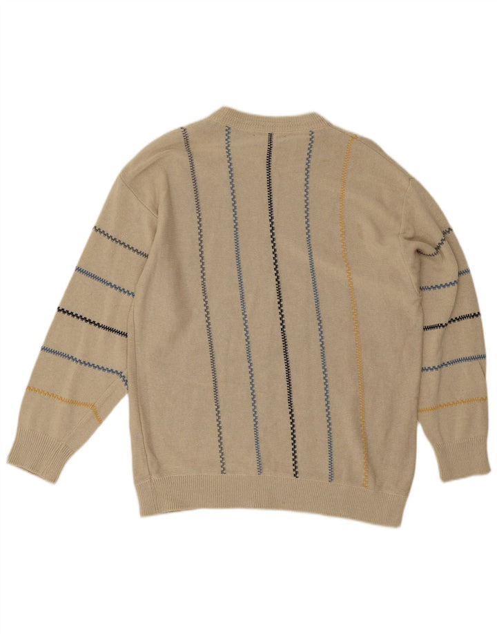 Suéter vintage masculino com gola redonda, grande listrado bege