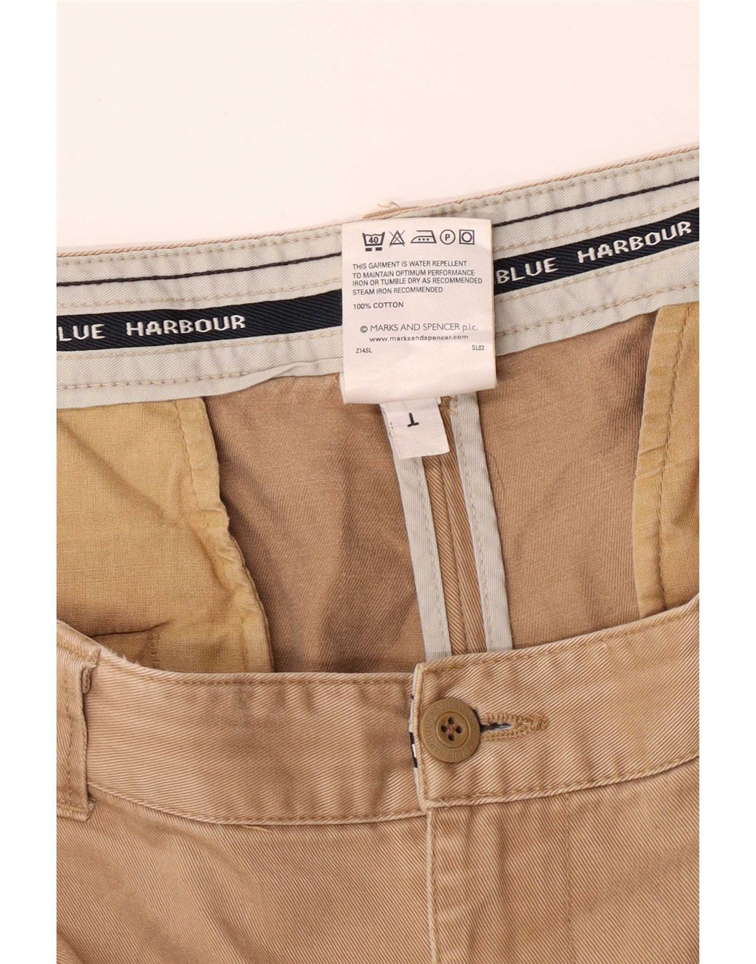 Calça chino masculina Marks & Spencer azul Harbour Pegged W42 L31 bege