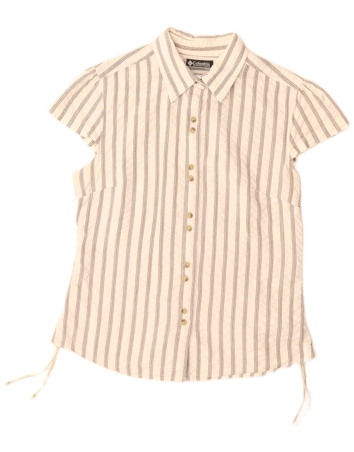 COLUMBIA Camisa feminina de manga curta UK 14 grande algodão listrado branco