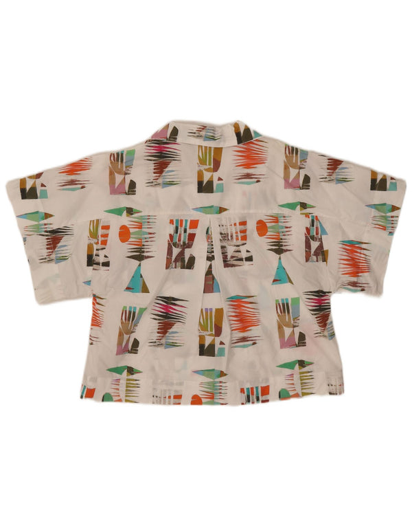 Blusa feminina vintage de manga curta Reino Unido 10 algodão geométrico branco pequeno