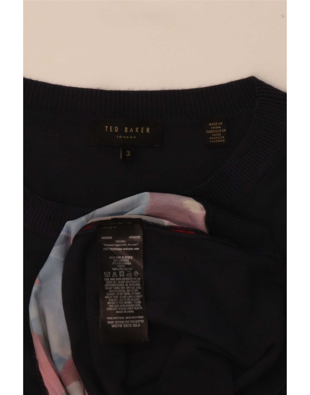 Suéter feminino Ted Baker com gola canoa tamanho 3 médio azul marinho floral