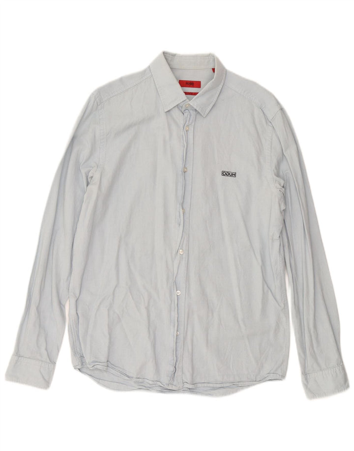Hugo Boss Camisa masculina de ajuste reto médio algodão azul