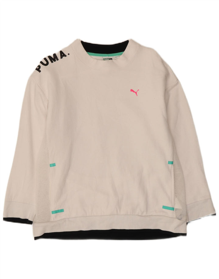Puma feminino gráfico moletom jumper UK 10 pequeno algodão branco