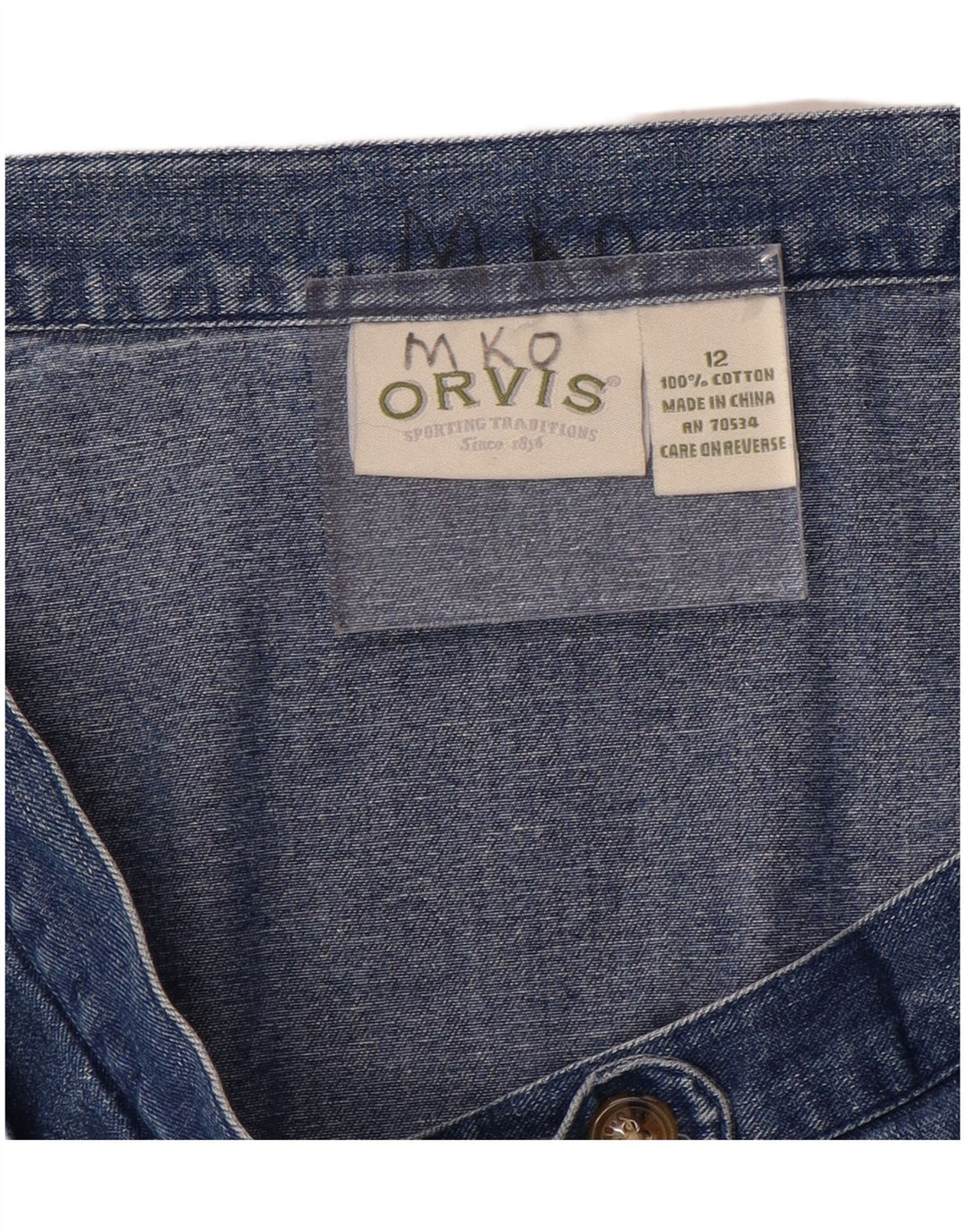 Saia jeans feminina Orvis EUA 12 grande W32 algodão azul