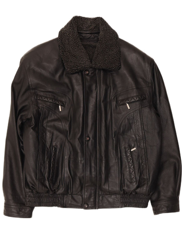 Jaqueta bomber de couro falsa masculina vintage poliéster preto grande Reino Unido 40