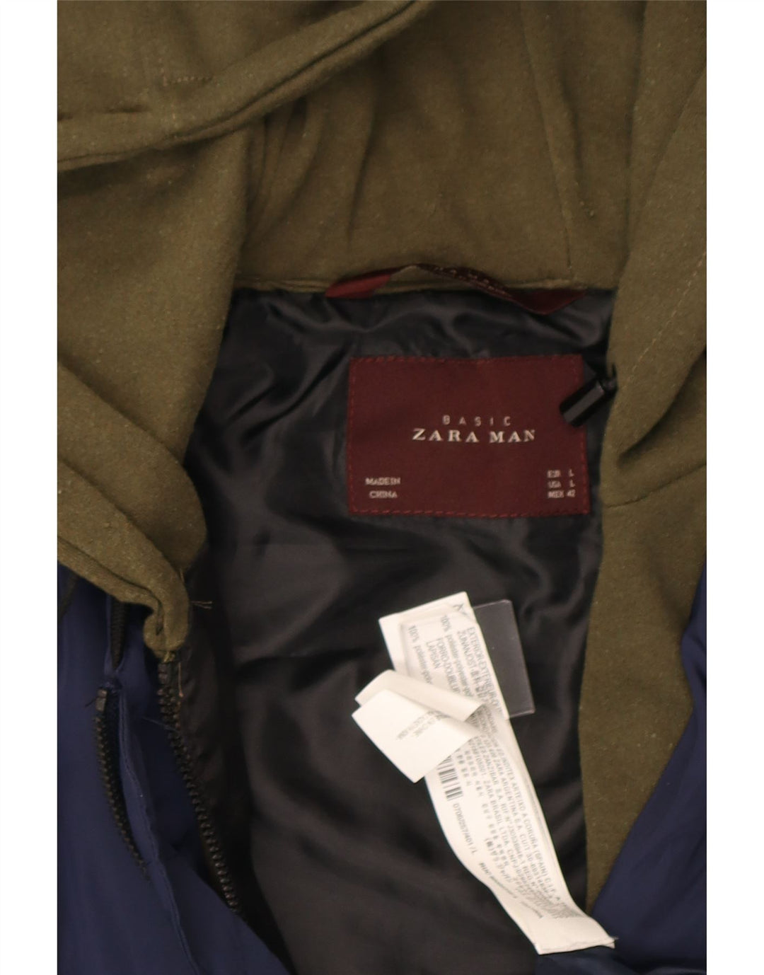 Jaqueta bomber masculina com capuz Zara UK 40 grande poliéster colorblock azul marinho