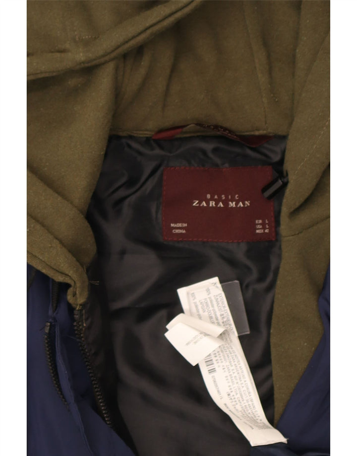 Jaqueta bomber masculina com capuz Zara UK 40 grande poliéster colorblock azul marinho