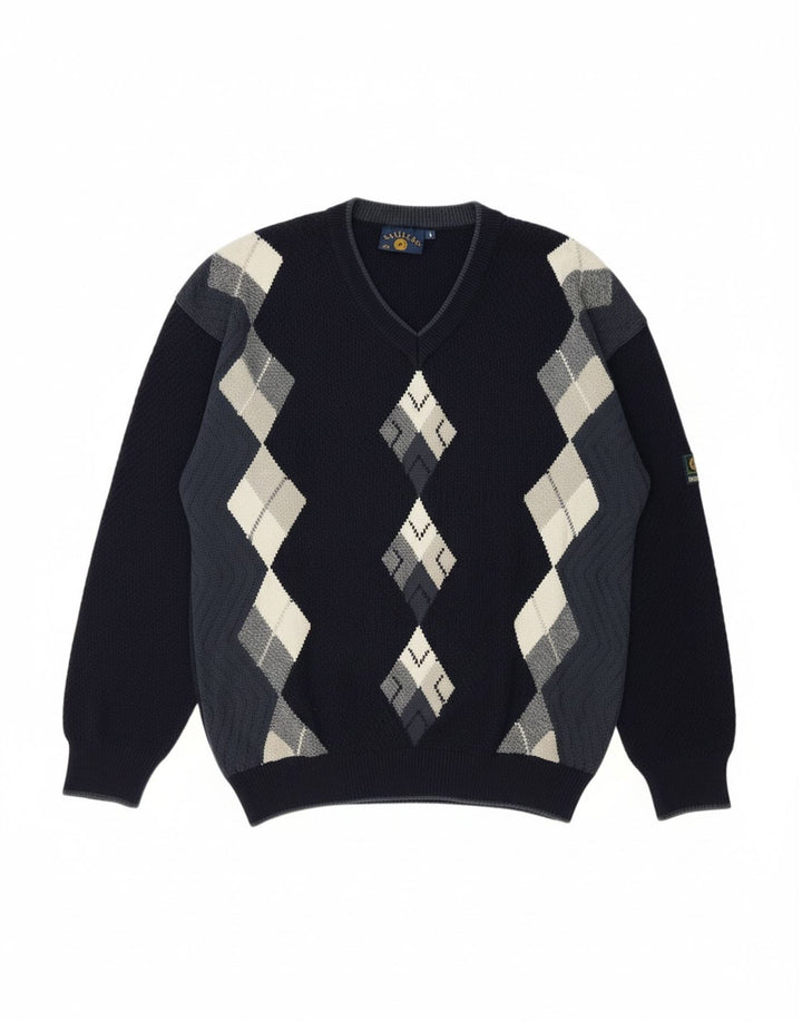 Suéter masculino NAVIGARE com decote em V 2XL azul marinho algodão argyle/diamante
