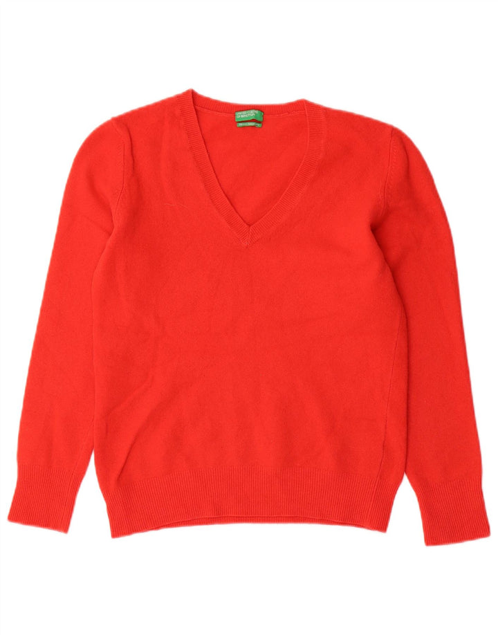 Suéter feminino Benetton com decote em V Reino Unido 12 lã vermelha média