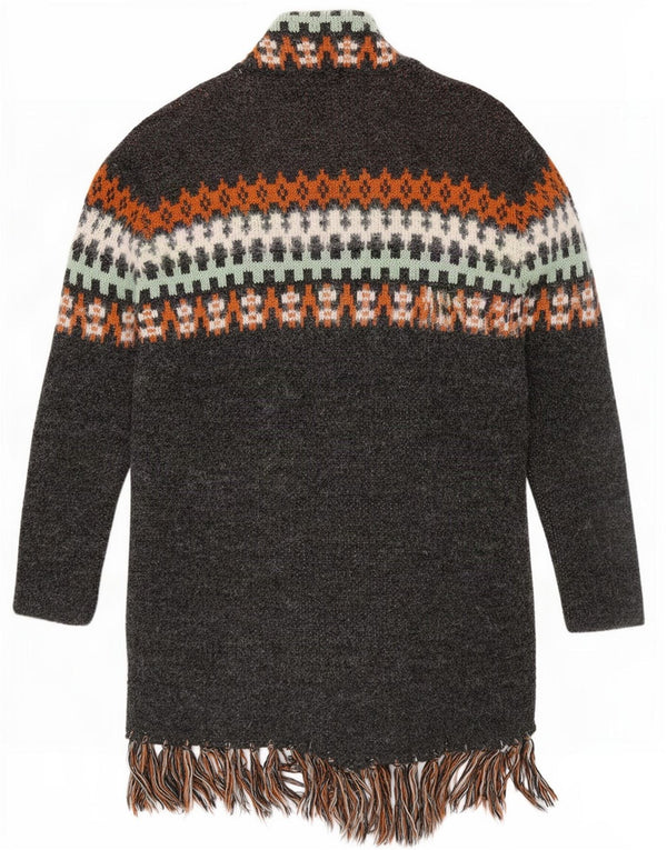 Suéter cardigã feminino vintage longline Reino Unido 14 cinza médio geométrico