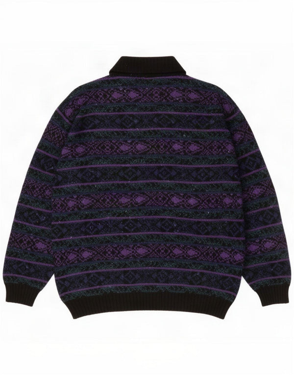 Suéter vintage masculino com gola polo grande multicolorido Fair Isle Wool