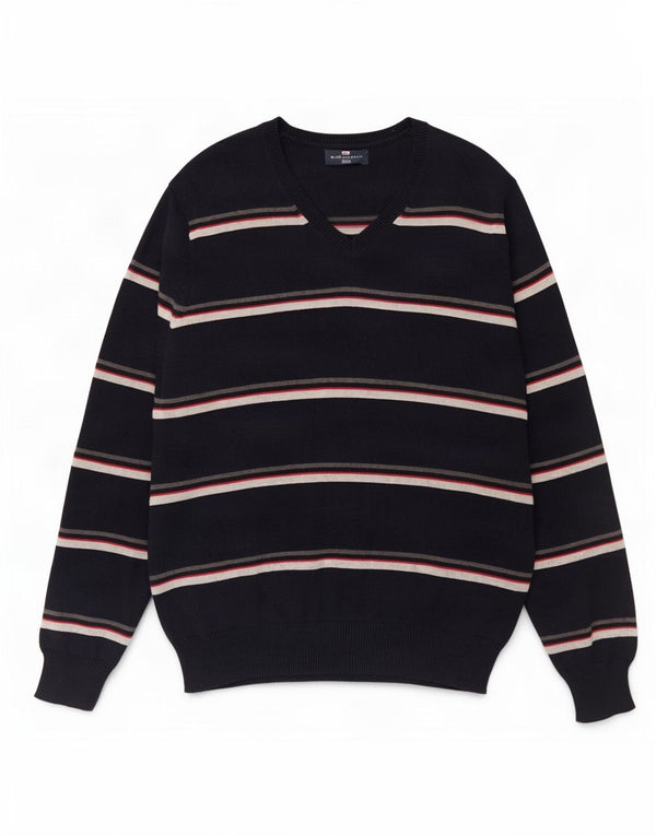 Suéter masculino Marks & Spencer Blue Harbor com decote em V listrado azul marinho médio