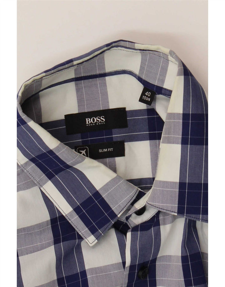 Camisa masculina Hugo Boss Slim Fit tamanho 40 15 3/4 xadrez azul médio