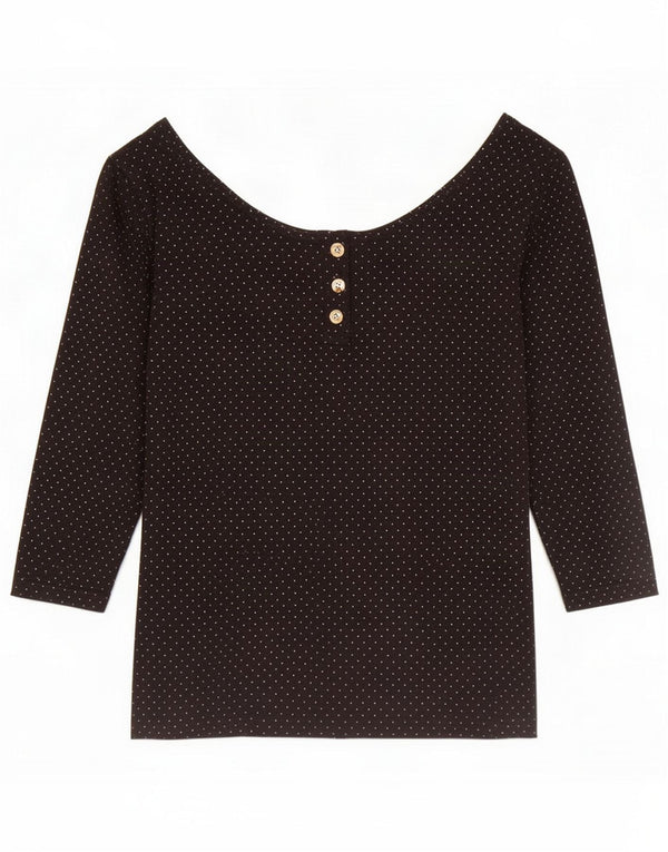Blusa feminina vintage manga 3/4 UK 6 XS algodão manchado preto