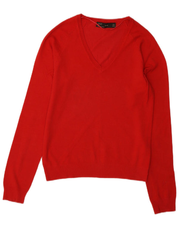 Suéter feminino Zara com decote em V Reino Unido 10 pequeno algodão vermelho