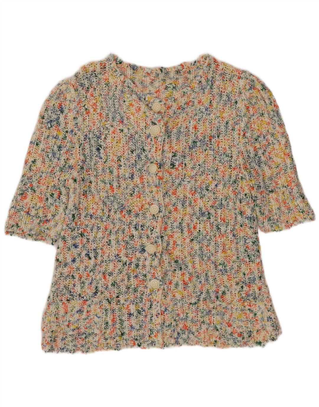 Suéter cardigã feminino vintage de manga curta UK 8 pequeno multicolorido