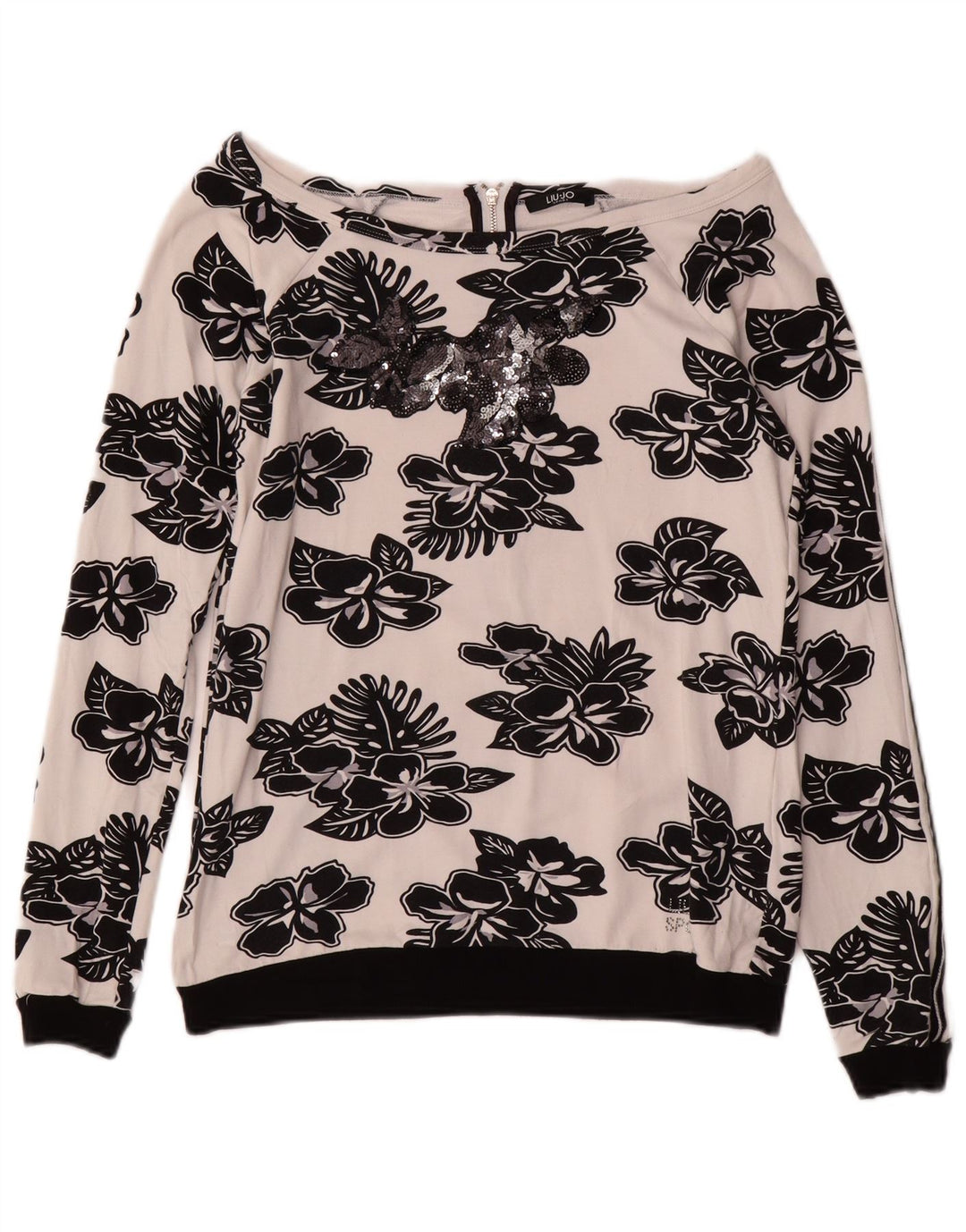 LIU JO moletom feminino jumper UK 10 pequeno branco floral viscose