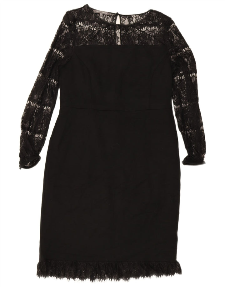 Vestido feminino Laura Ashley com bainha de manga comprida Reino Unido 14 grande preto poliamida