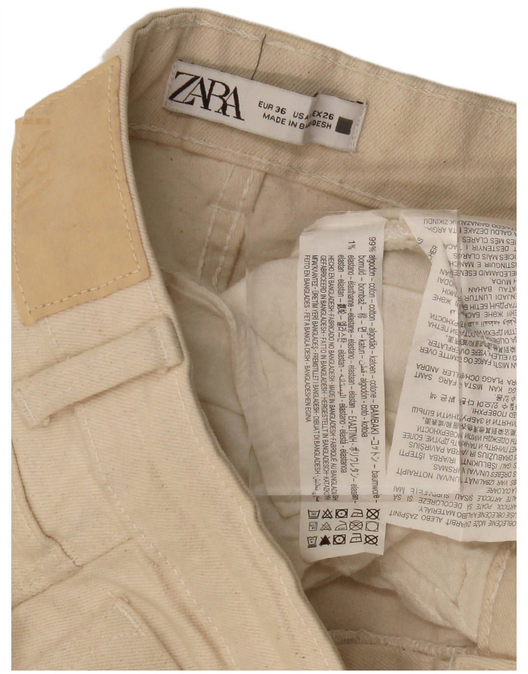 ZARA Calça jeans feminina cintura alta reta EU 36 XS W26 L24 algodão bege