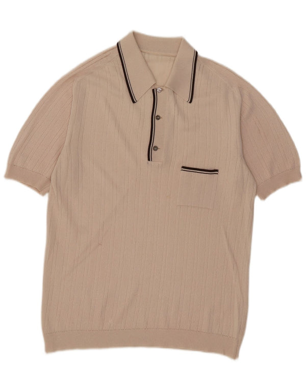 Suéter masculino vintage de manga curta com gola polo e listrado bege médio