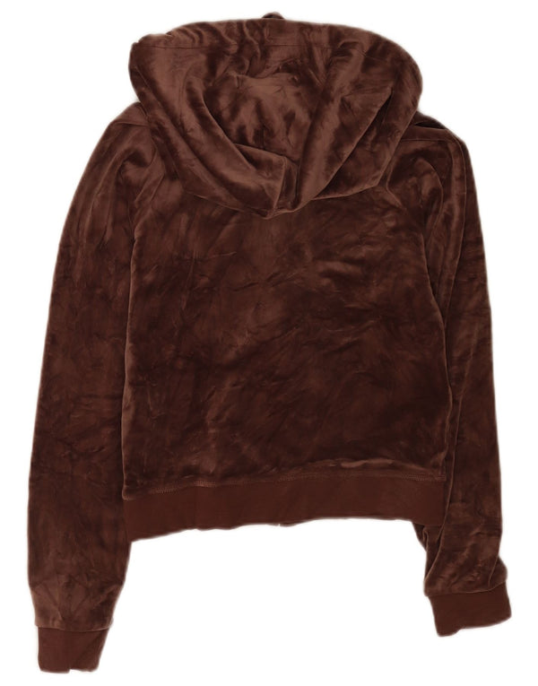 Suéter feminino Juicy Couture com capuz e zíper em veludo gráfico UK 6 XS marrom