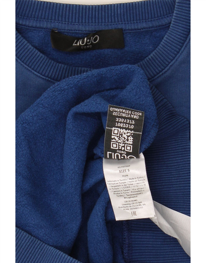 LIU JO Mens Graphic Sweatshirt Jumper Small Blue Cotton Vintage Liu Jo and Second-Hand Liu Jo from Messina Hembry 