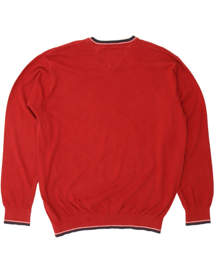 TOMMY HILFIGER Mens V-Neck Jumper Sweater XL Red Vintage Tommy Hilfiger and Second-Hand Tommy Hilfiger from Messina Hembry 